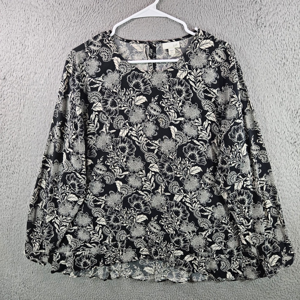 J Jill Petite Womens Black Floral Print Long Sleeve Blouse Top Size‎ L